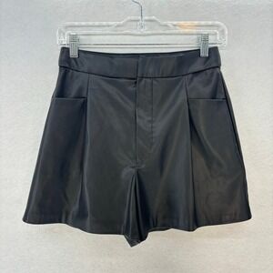 ZARA Black Faux Leather High Waisted Pleated Shorts Women SMALL Streetwear Moto
